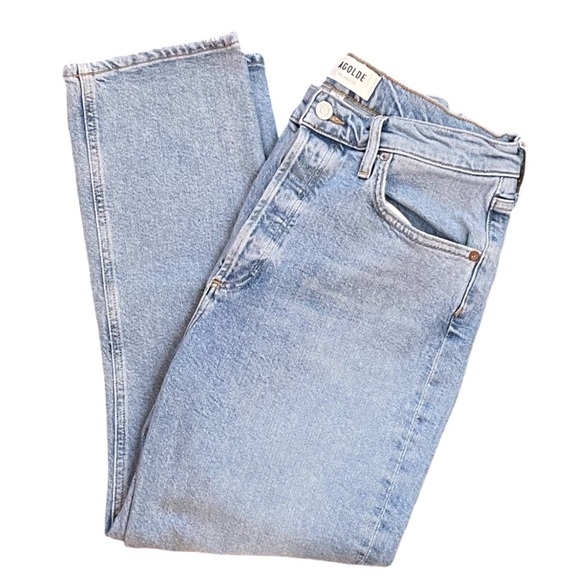 AGOLDE Riley High Rise Slim Straight Crop Light Blue Wash Denim Jean Size 28 - Picture 8 of 13